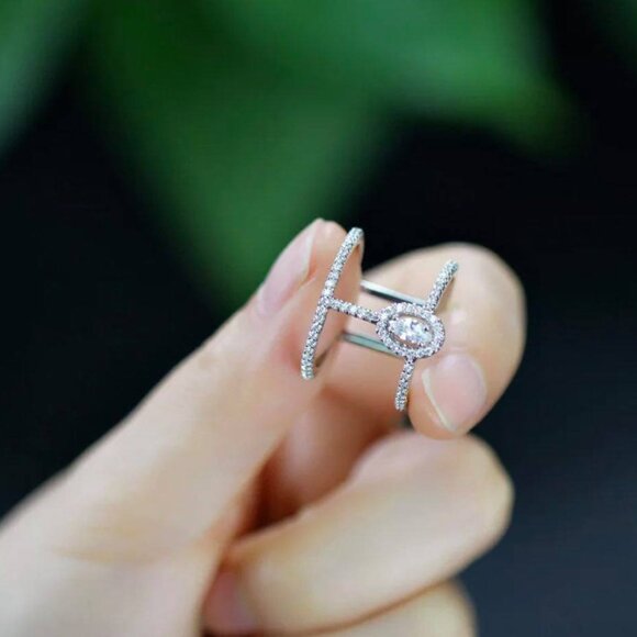 Women's Boho White Zirconia Oval Halo Cut Dainty Ring with Pavé Accents - Picture 5 of 5